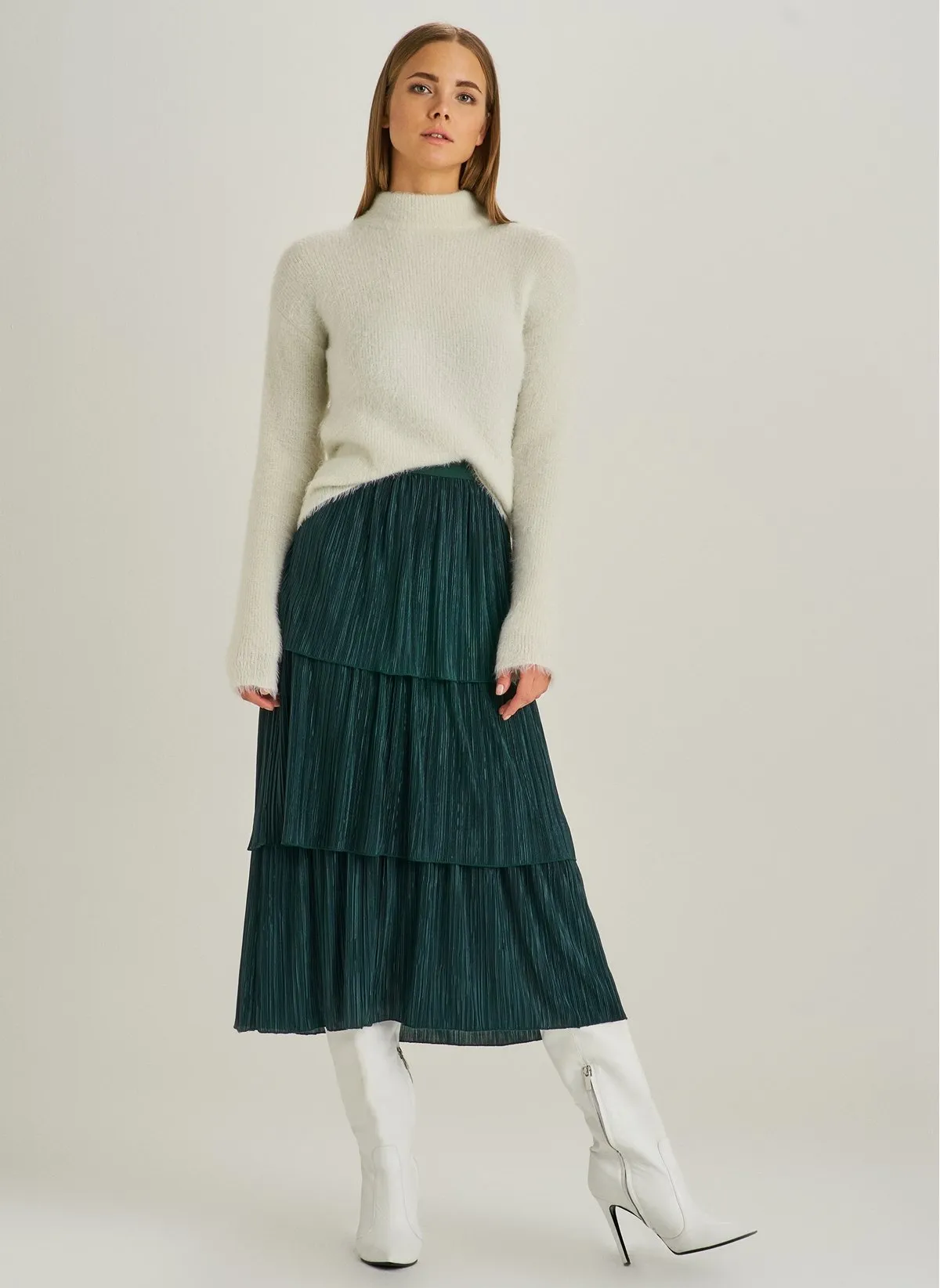 1026 Green Tiered Midi Skirt