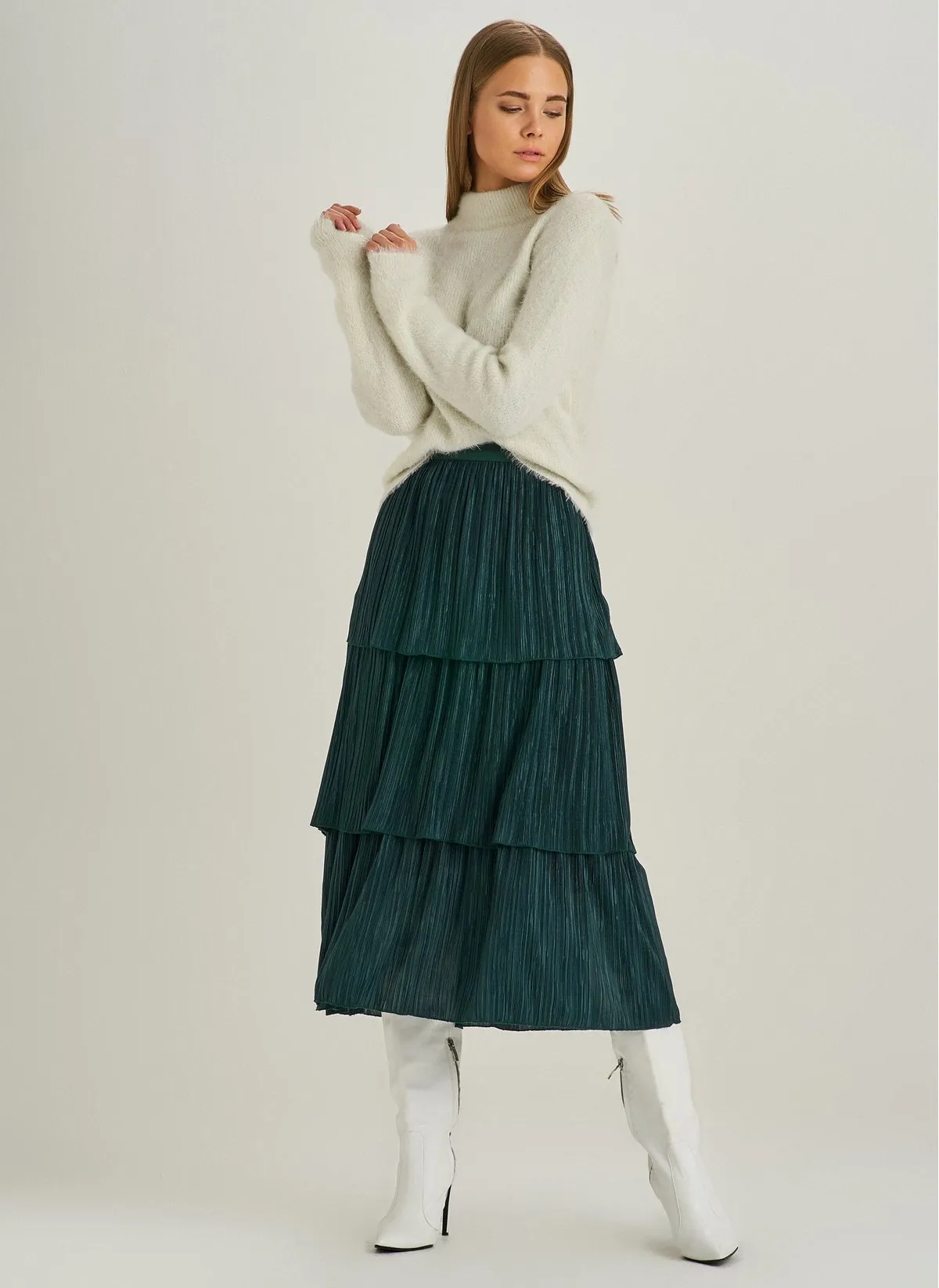 1026 Green Tiered Midi Skirt