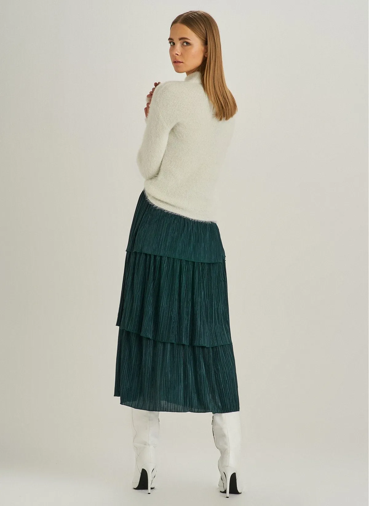 1026 Green Tiered Midi Skirt