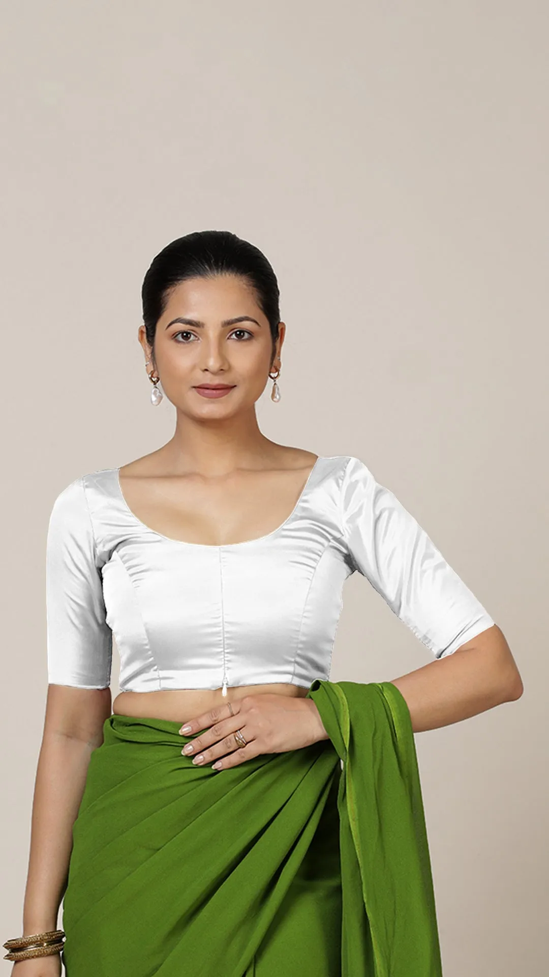 Anisha x Rozaana | Elbow Sleeves Saree Blouse in Pearl White