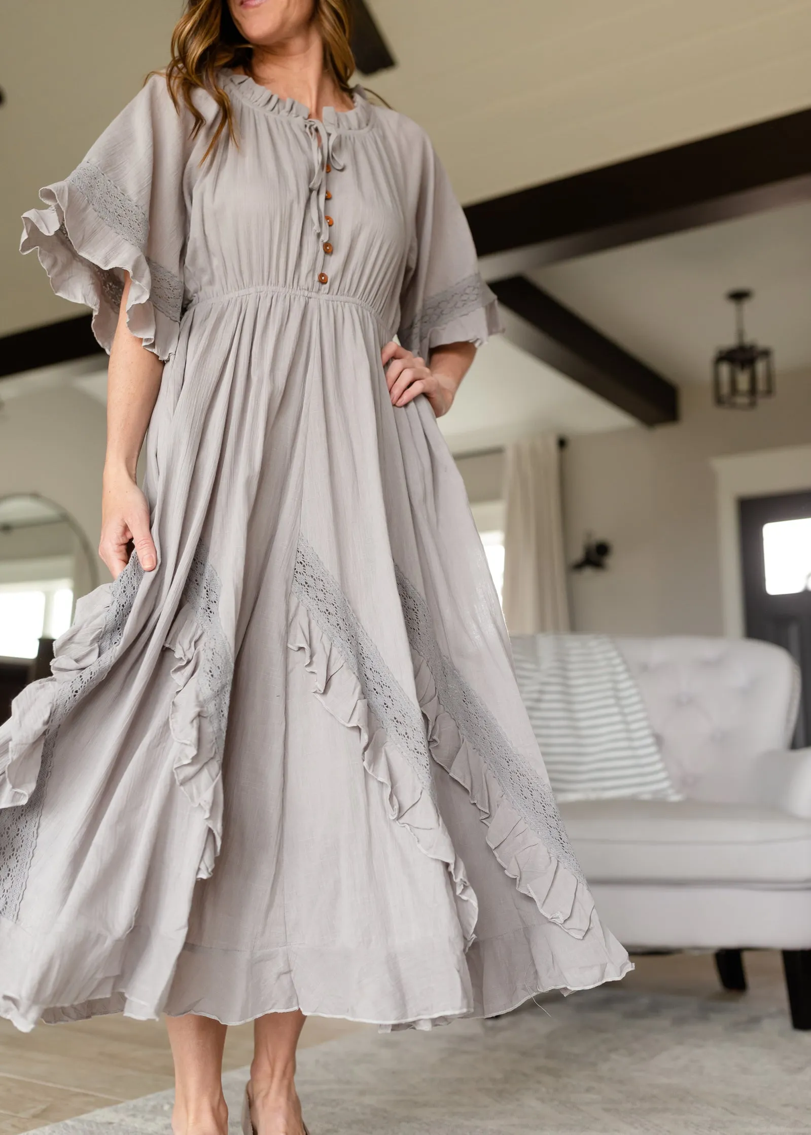 Ash Gray Linen Ruffle Midi Dress - FINAL SALE