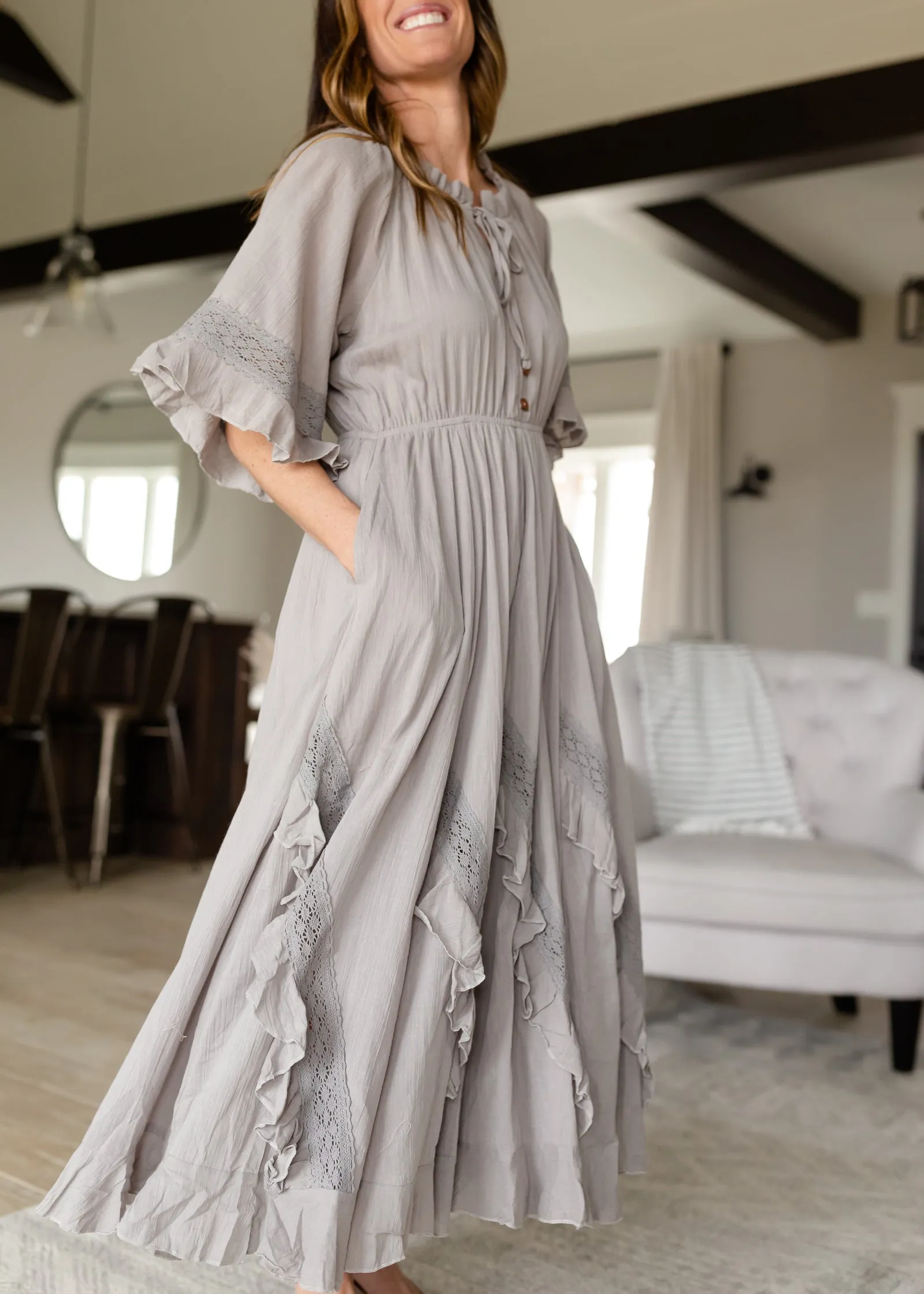 Ash Gray Linen Ruffle Midi Dress - FINAL SALE