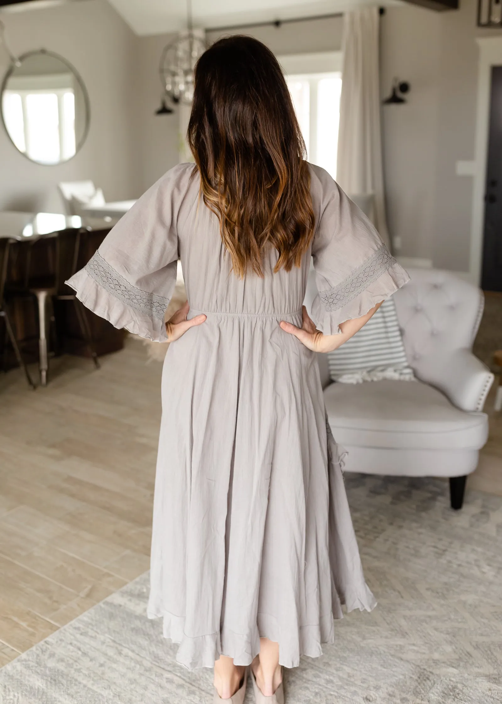 Ash Gray Linen Ruffle Midi Dress - FINAL SALE