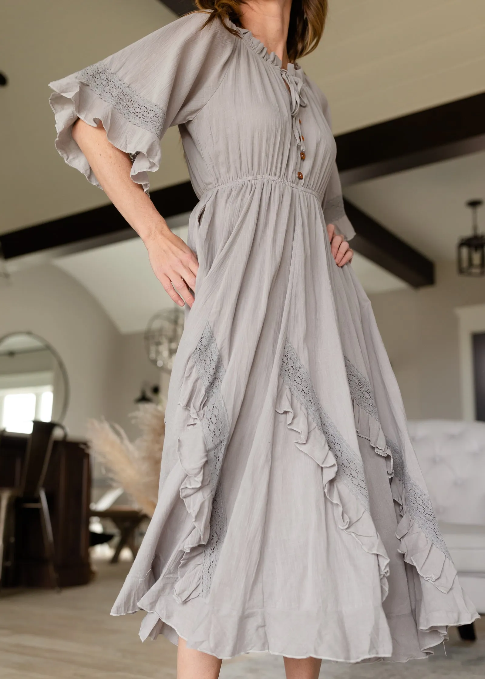 Ash Gray Linen Ruffle Midi Dress - FINAL SALE