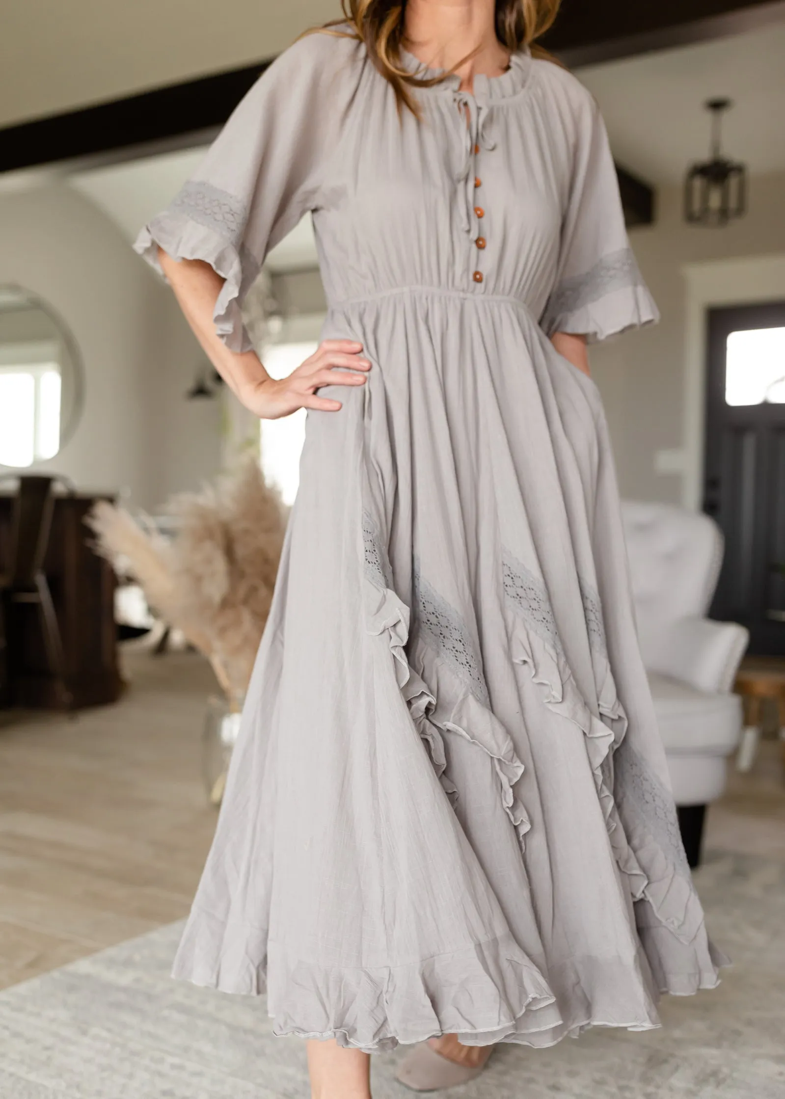 Ash Gray Linen Ruffle Midi Dress - FINAL SALE