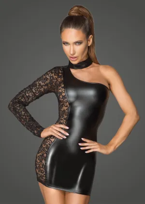 Asymmetrical Power Wet Look and Lace Dress