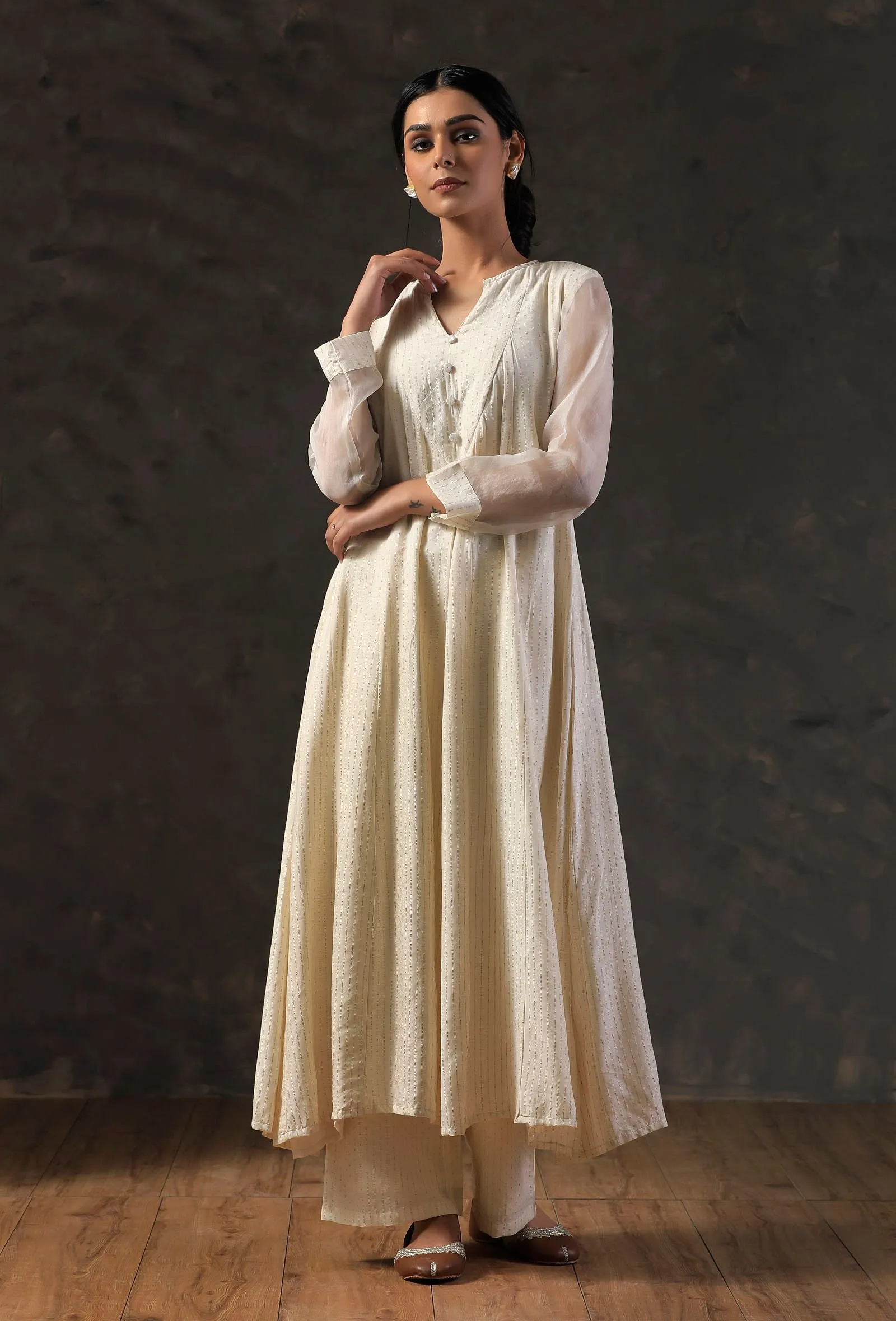 Beige Organza Sleeve Anarkali Kurta