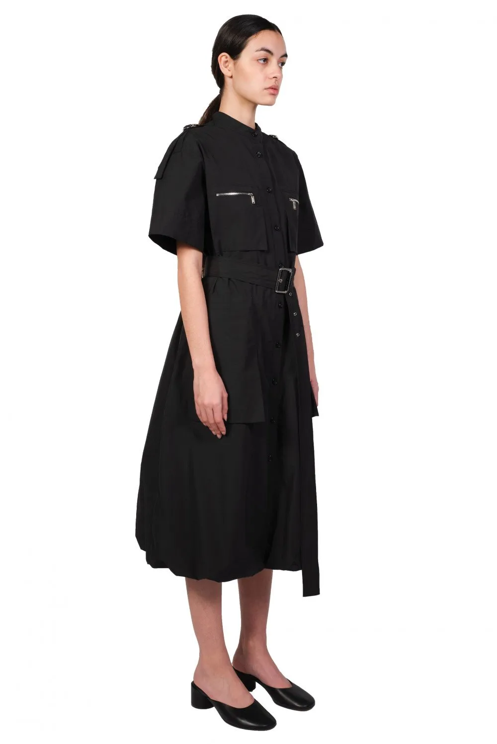Black Cotton Pocket Belted Dress