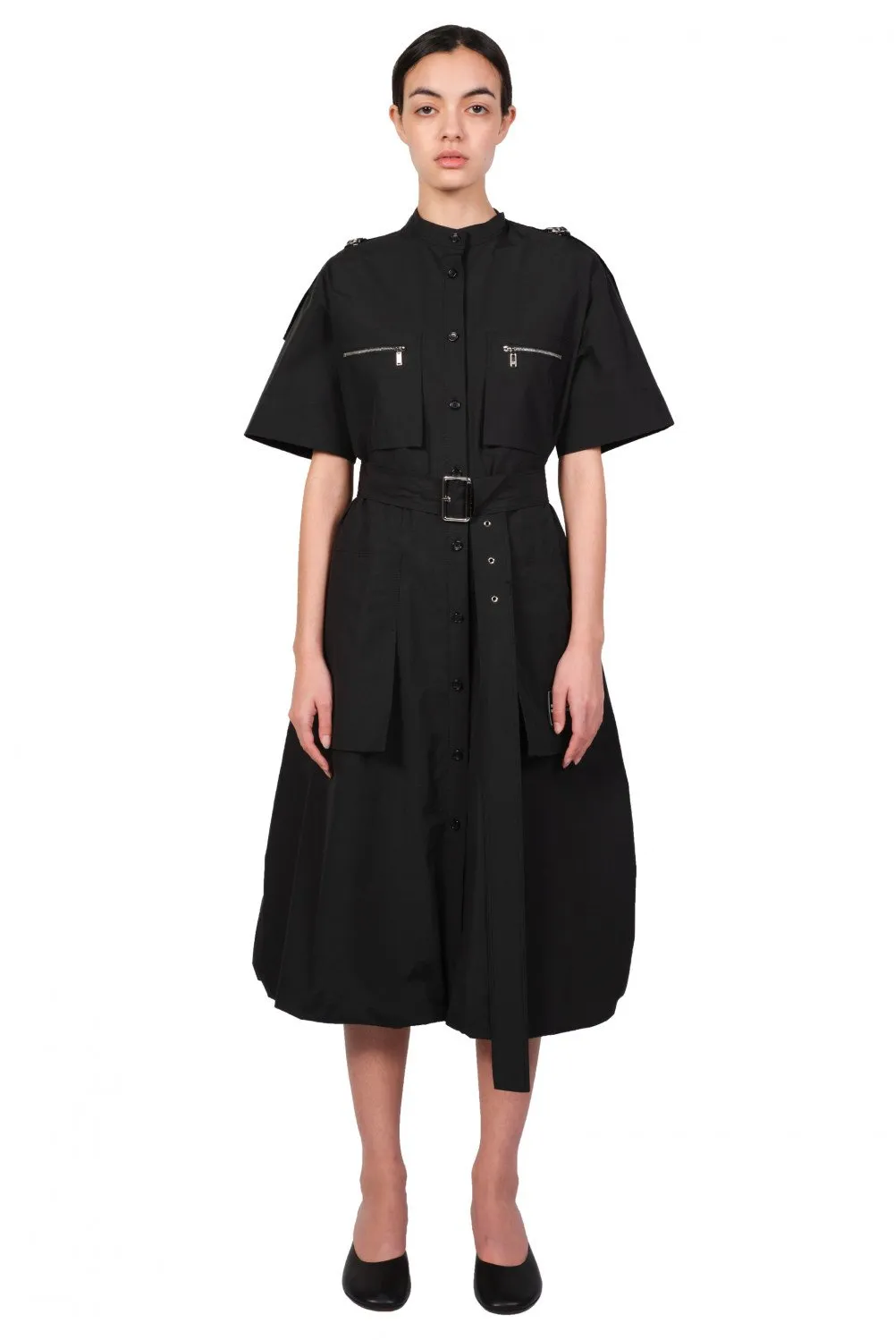 Black Cotton Pocket Belted Dress