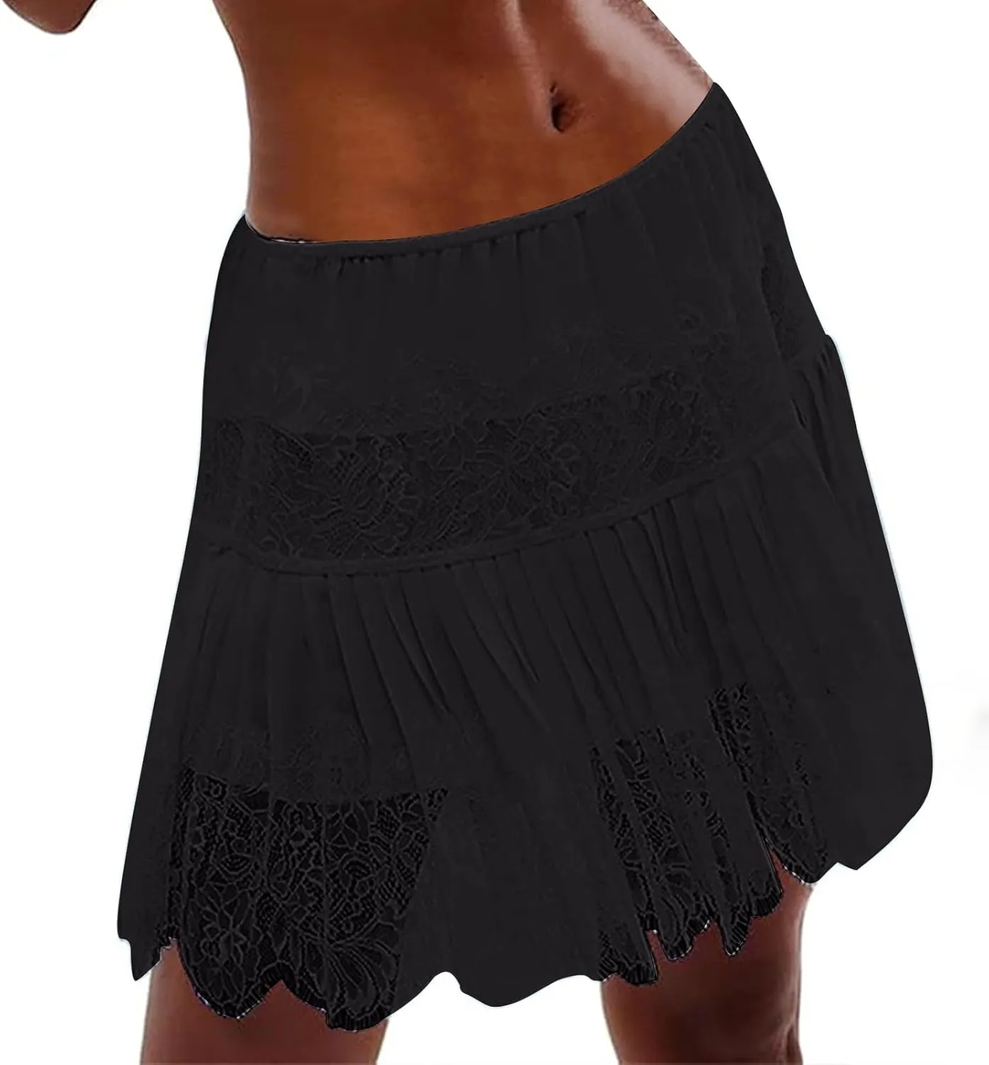 Borniu Womens Temperament Y2K Lace Skirts Flowy A Line Short Skirt High Waisted Ruffle Mini Skirts Pleated Cute Solid Skirt