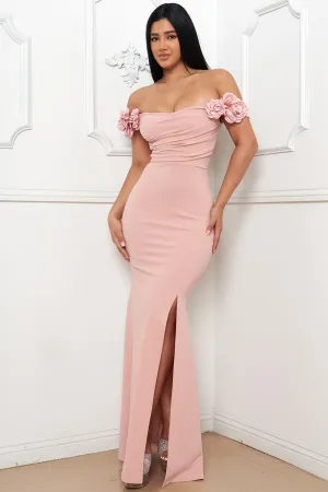 Bridal Rose Flower On Sleeve Off The Shoulder Maxi Dress