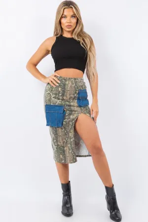 Cargo Skirt With Contrast Pockets In Woodland Camo