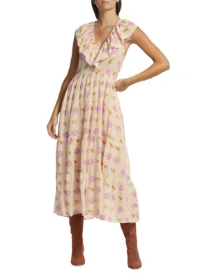 Cotton ikat midi dress with ruffles Tatiana Xirena, beige