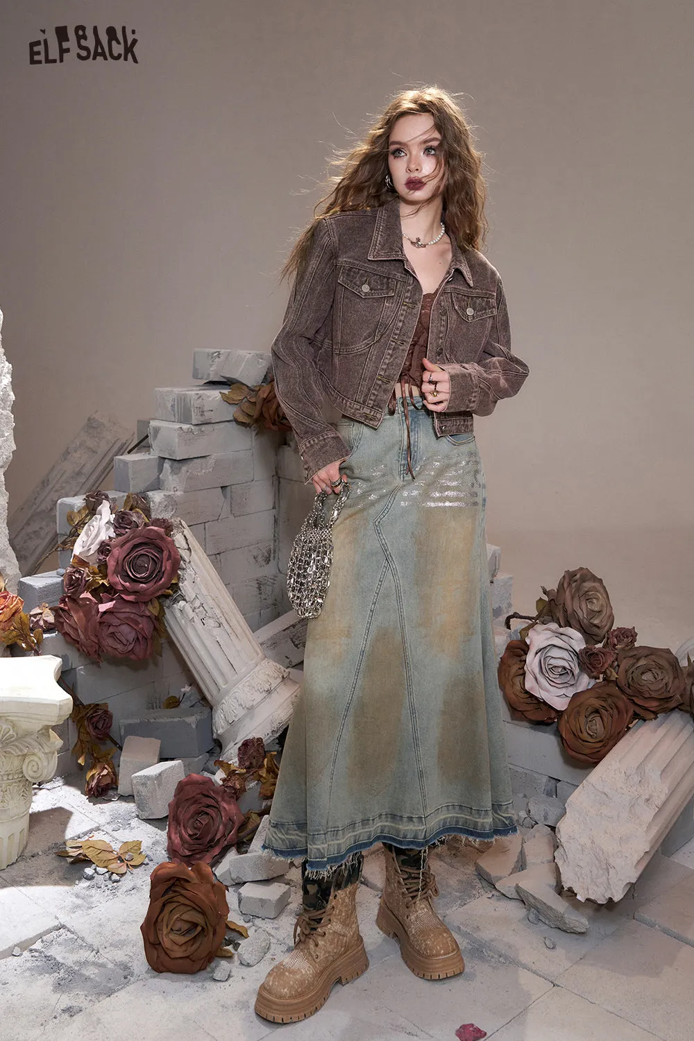 ELFSACK 2024 Autumn New Arrivals American style silver brushed wasteland old style pocket fishtail denim skirt for women