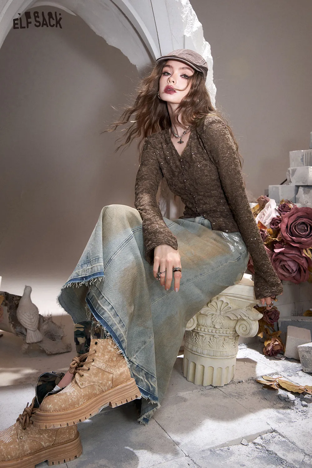 ELFSACK 2024 Autumn New Arrivals American style silver brushed wasteland old style pocket fishtail denim skirt for women