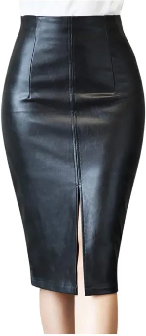 Faux Leather Pencil Skirt for Women High Waist Slim Fit Midi Skirt with Front Slit Office Sexy Style