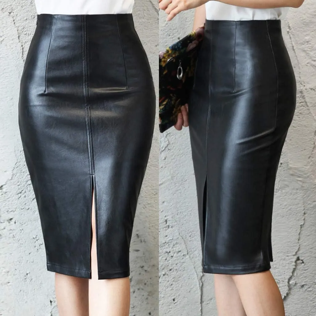 Faux Leather Pencil Skirt for Women High Waist Slim Fit Midi Skirt with Front Slit Office Sexy Style