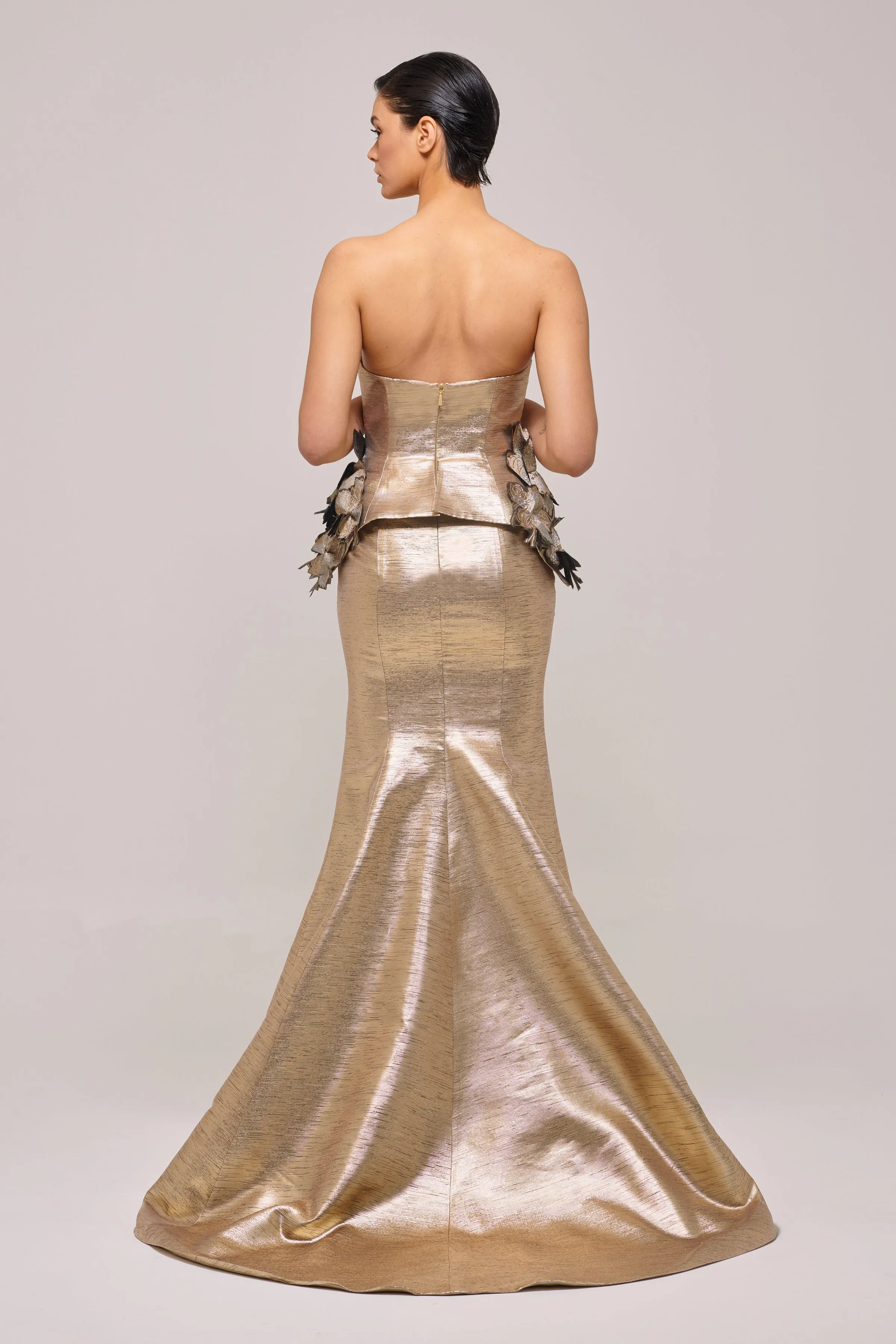 Floral Peplum Detail Metallic Gold Jacquard Mermaid Dress