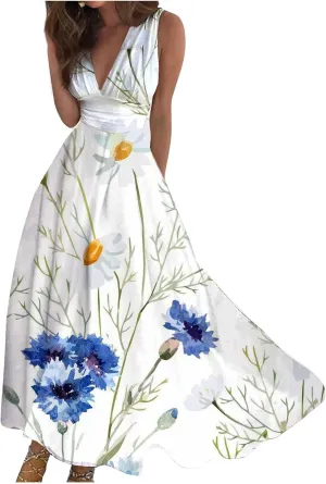 Flowy Dresses for Women Deep V Neck Cute Sleeveless Long Dress Elegant Sexy Floral Dresses Swing Maxi Casual Dress