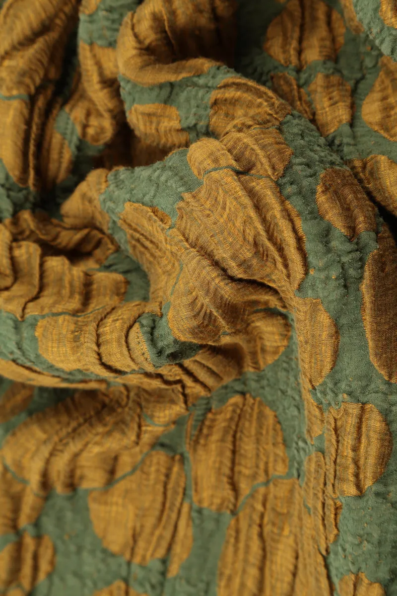 Gathered Neck Golden Olive Circle Silk Linen Dress