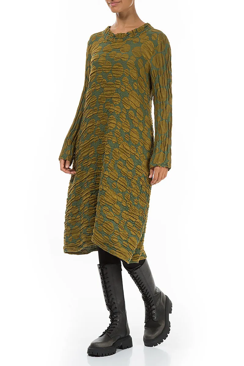 Gathered Neck Golden Olive Circle Silk Linen Dress