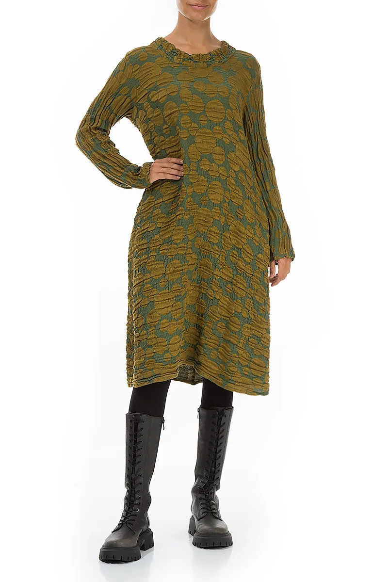 Gathered Neck Golden Olive Circle Silk Linen Dress