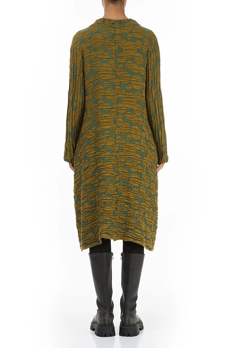 Gathered Neck Golden Olive Circle Silk Linen Dress