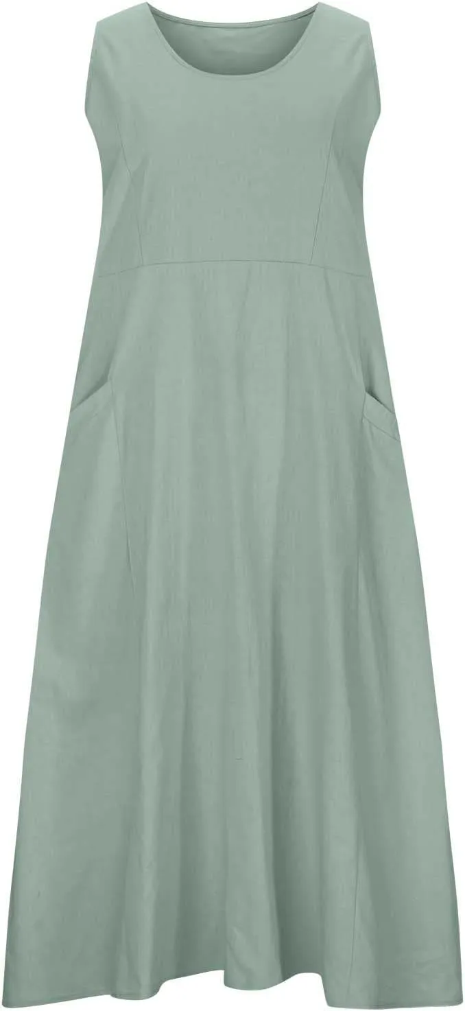 Going Out Dress for Women 2025 Summer Cotton Linen Vacation Dresses Plus Size Sleeveless Midi Sundress with Pockets