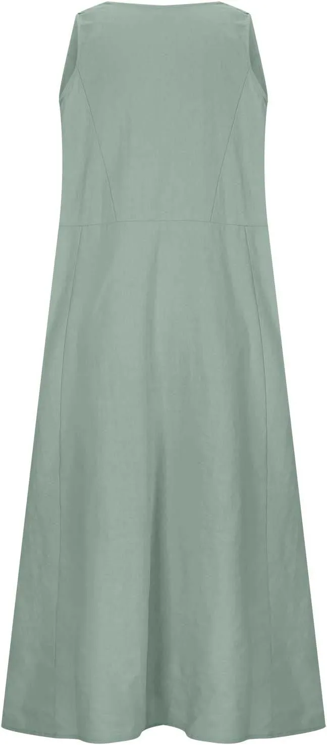 Going Out Dress for Women 2025 Summer Cotton Linen Vacation Dresses Plus Size Sleeveless Midi Sundress with Pockets