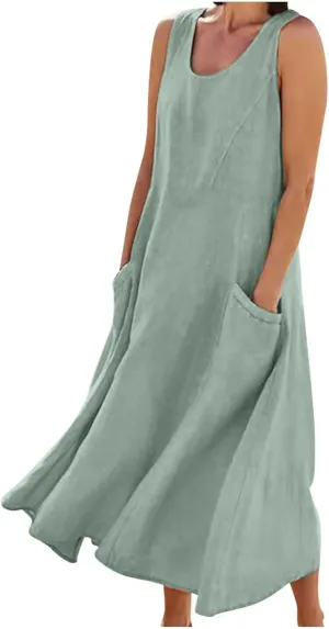 Going Out Dress for Women 2025 Summer Cotton Linen Vacation Dresses Plus Size Sleeveless Midi Sundress with Pockets