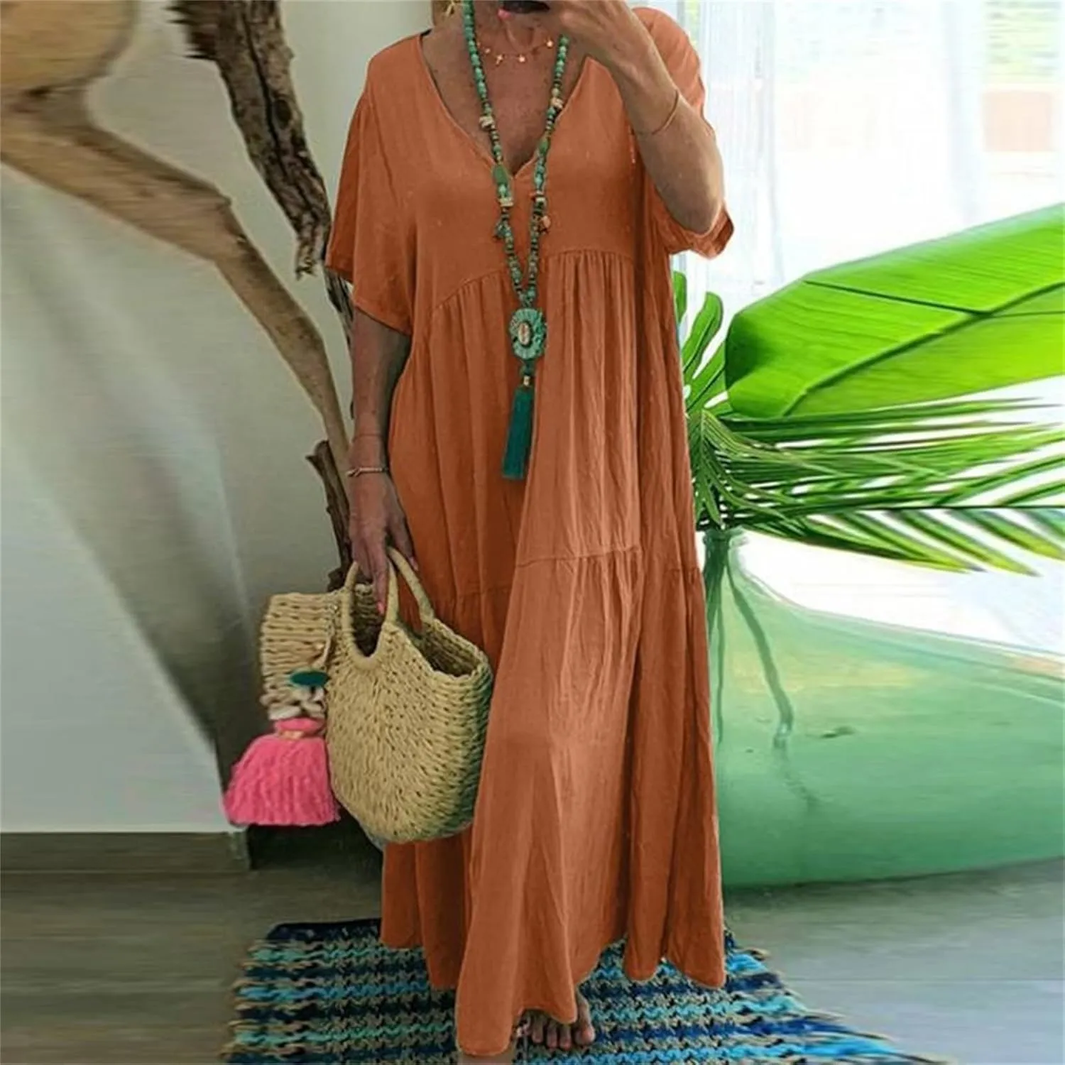GOKKILRW Womens Oversized Baggy Flowy Maxi Dress Linen Summer Beach V Neck Casual Long Dress Plus Size Short Sleeve Dresses