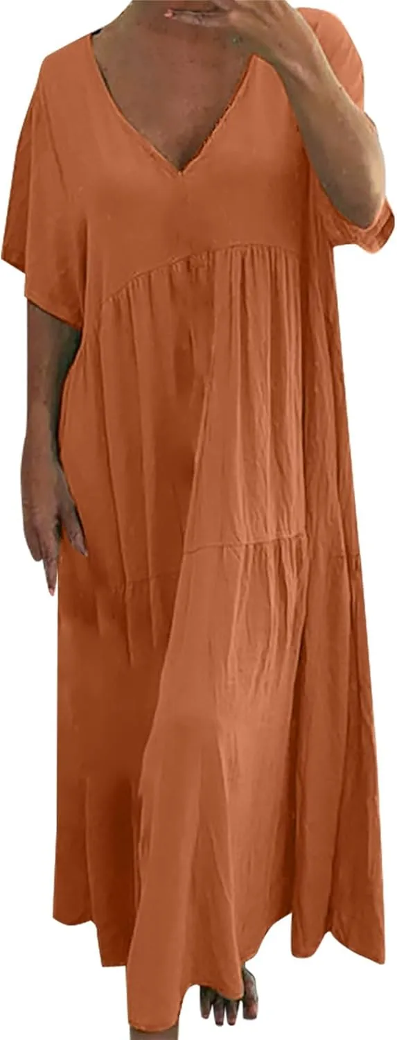 GOKKILRW Womens Oversized Baggy Flowy Maxi Dress Linen Summer Beach V Neck Casual Long Dress Plus Size Short Sleeve Dresses