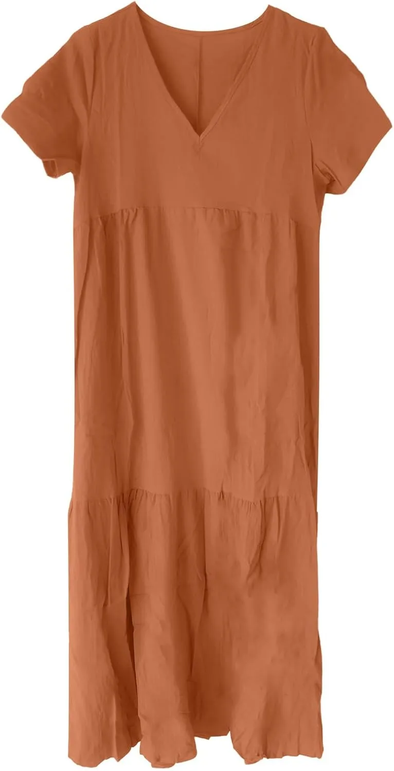 GOKKILRW Womens Oversized Baggy Flowy Maxi Dress Linen Summer Beach V Neck Casual Long Dress Plus Size Short Sleeve Dresses