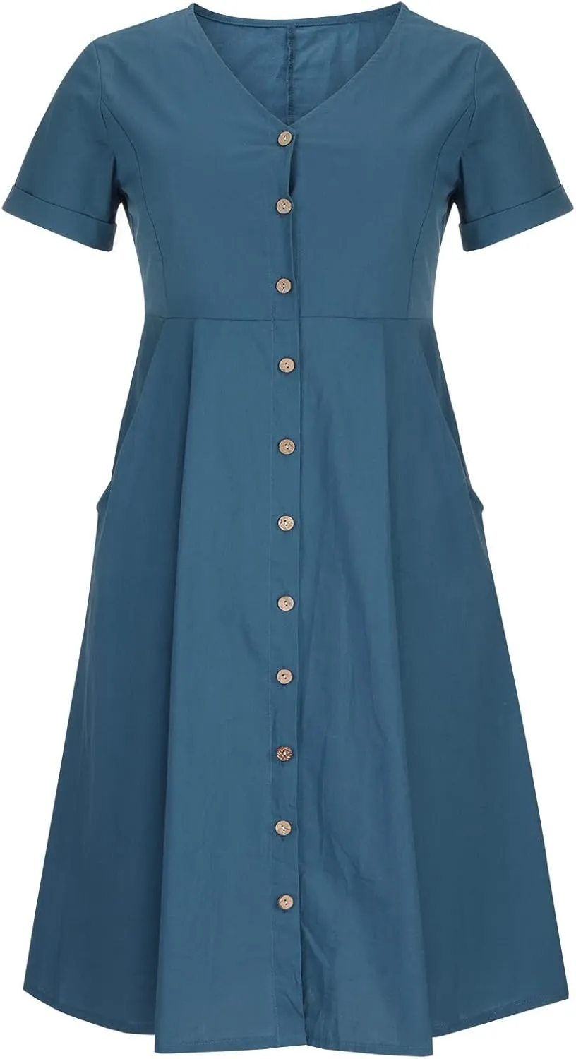 HGps8w Women's Cotton Linen Midi Dresses with Pockets Plus Size Summer Casual Short Sleeve Button Front V Neck Solid Dress
