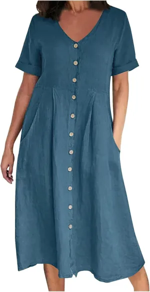 HGps8w Women's Cotton Linen Midi Dresses with Pockets Plus Size Summer Casual Short Sleeve Button Front V Neck Solid Dress