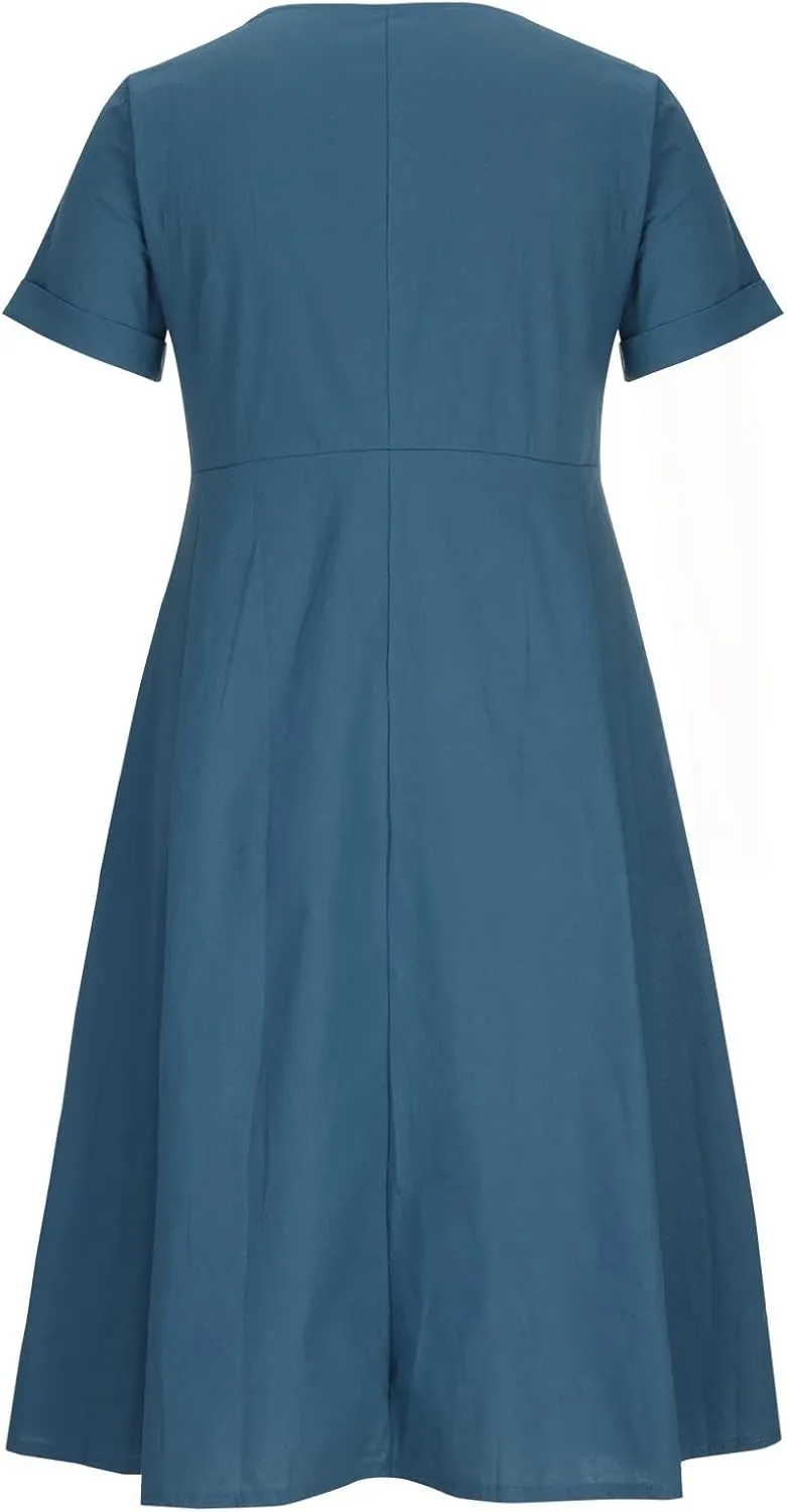 HGps8w Women's Cotton Linen Midi Dresses with Pockets Plus Size Summer Casual Short Sleeve Button Front V Neck Solid Dress
