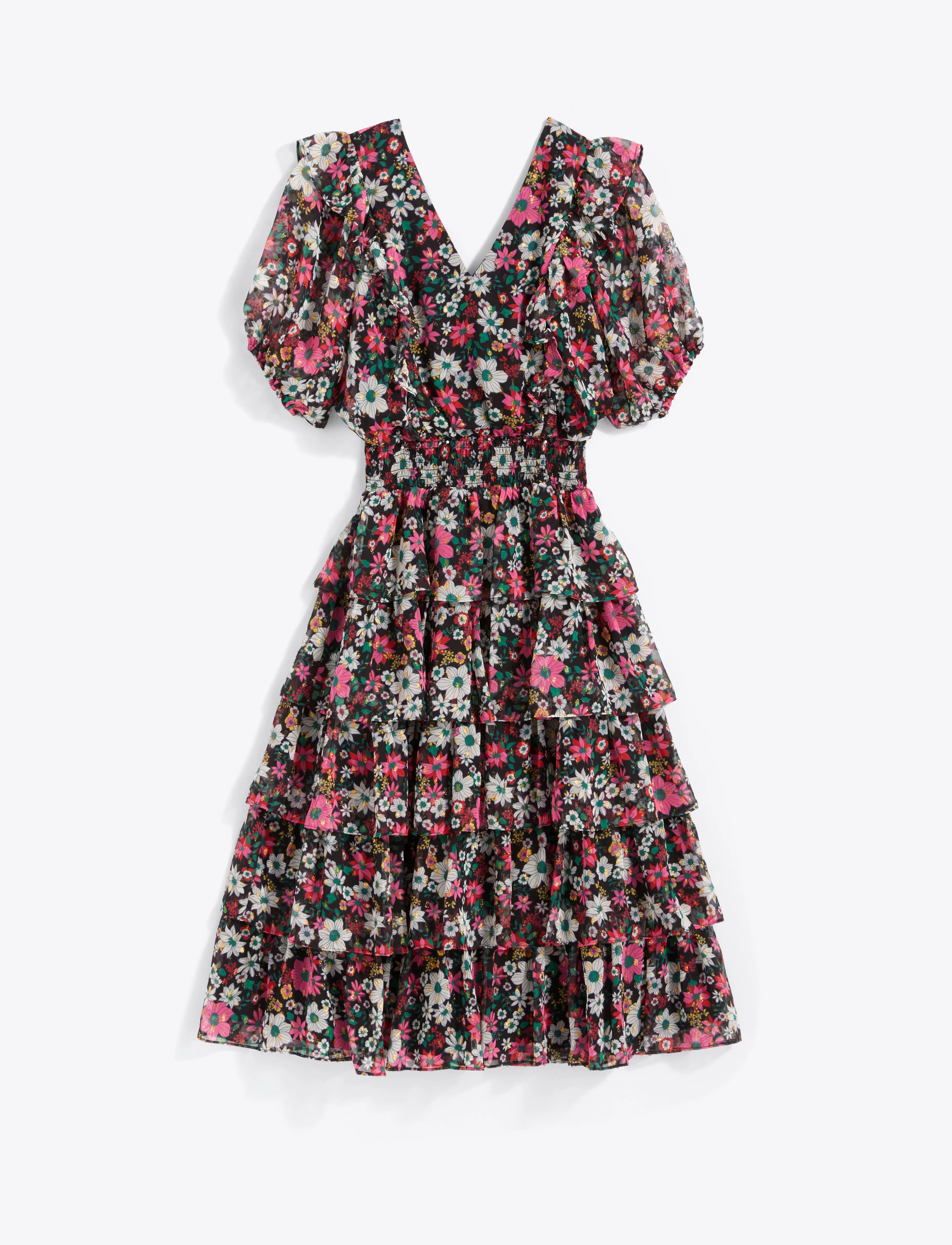 Leah Tiered Ruffle Midi Dress in Amaryllis Fil Coupe