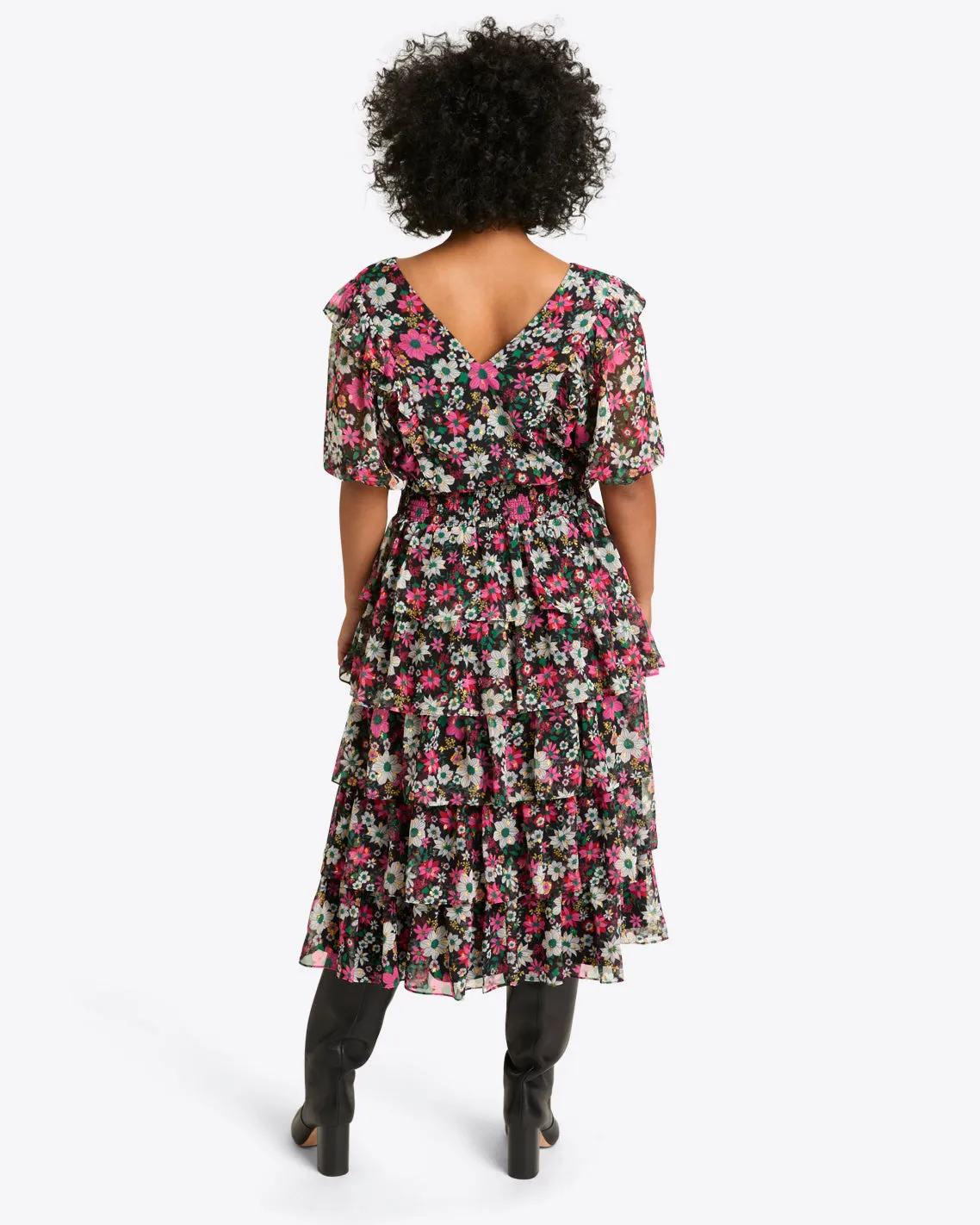 Leah Tiered Ruffle Midi Dress in Amaryllis Fil Coupe