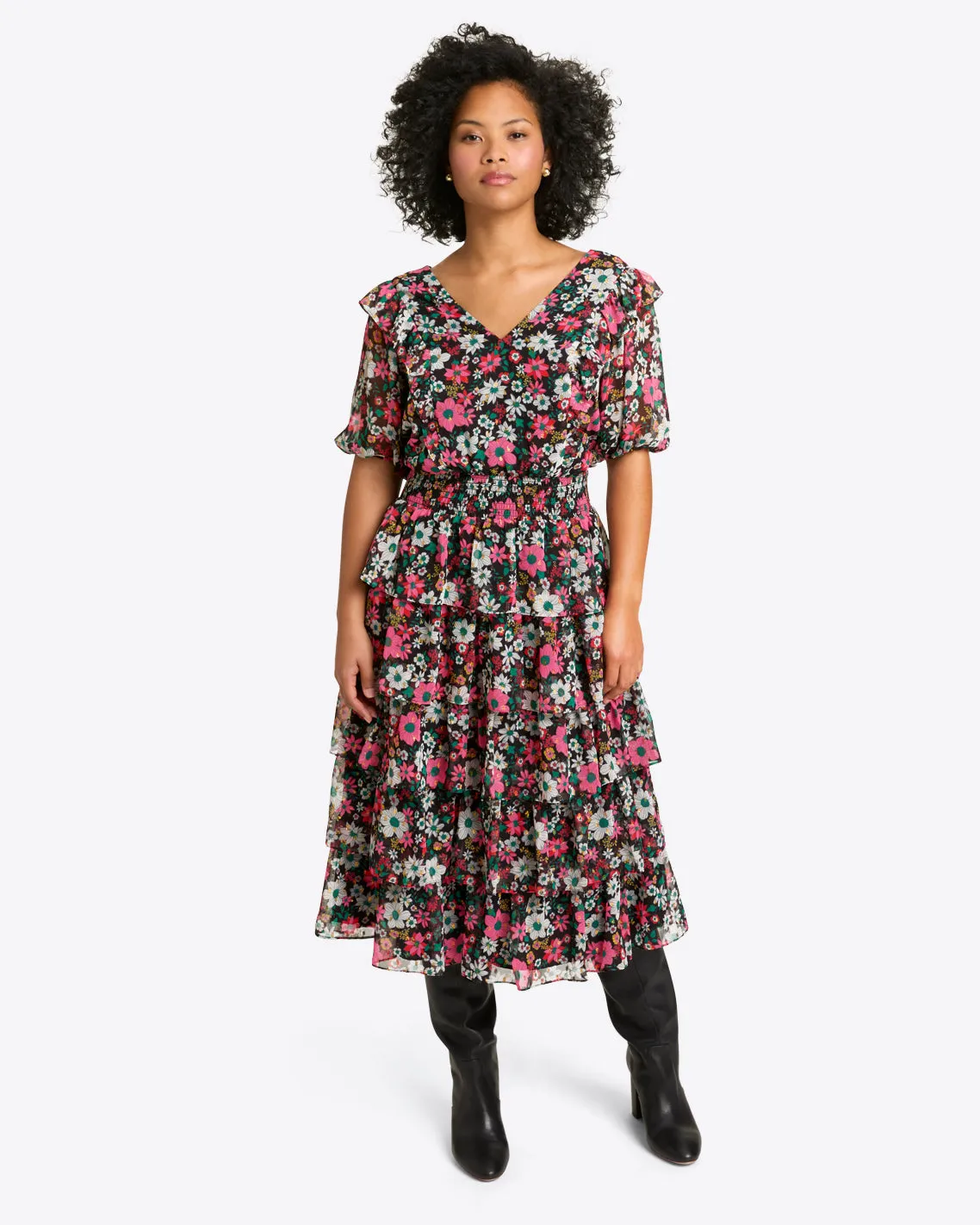 Leah Tiered Ruffle Midi Dress in Amaryllis Fil Coupe