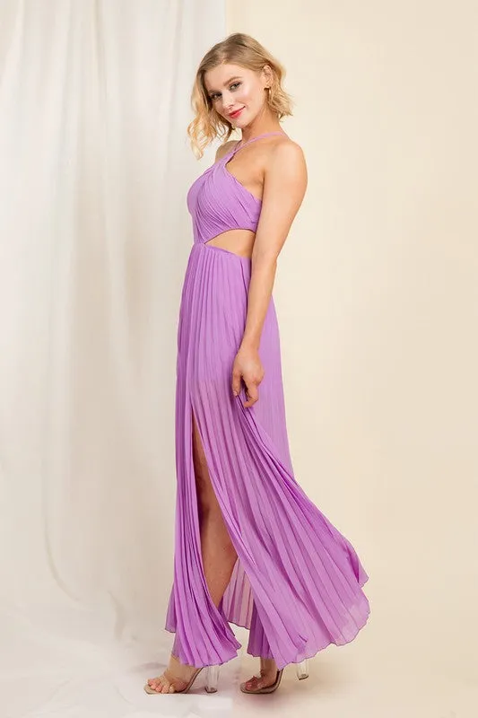 Light Purple Halter Cut Out A-line Pleated Dress