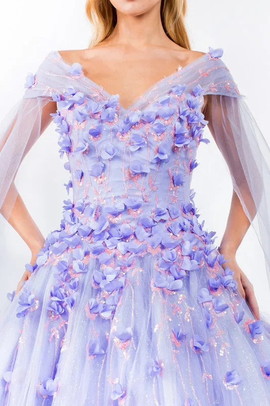 Lilac Floral Applique Glitter Quinceanera Ballgown