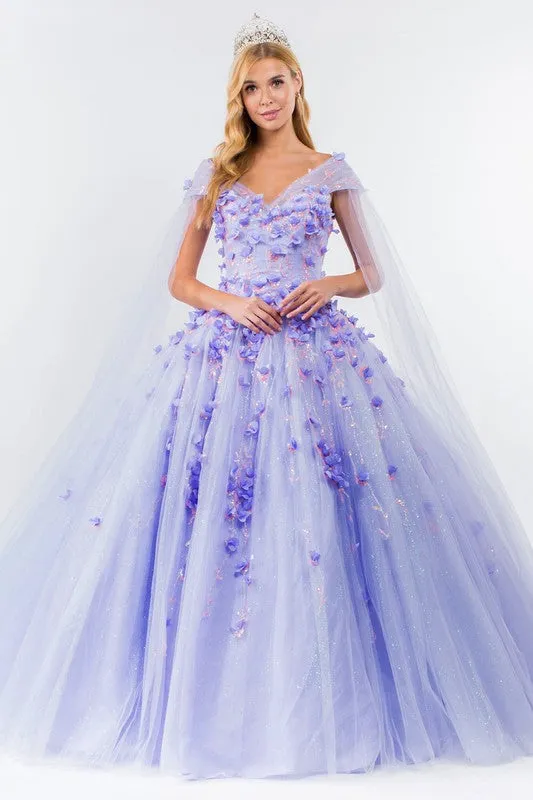 Lilac Floral Applique Glitter Quinceanera Ballgown