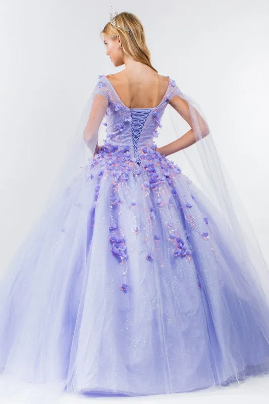 Lilac Floral Applique Glitter Quinceanera Ballgown