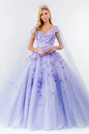 Lilac Floral Applique Glitter Quinceanera Ballgown