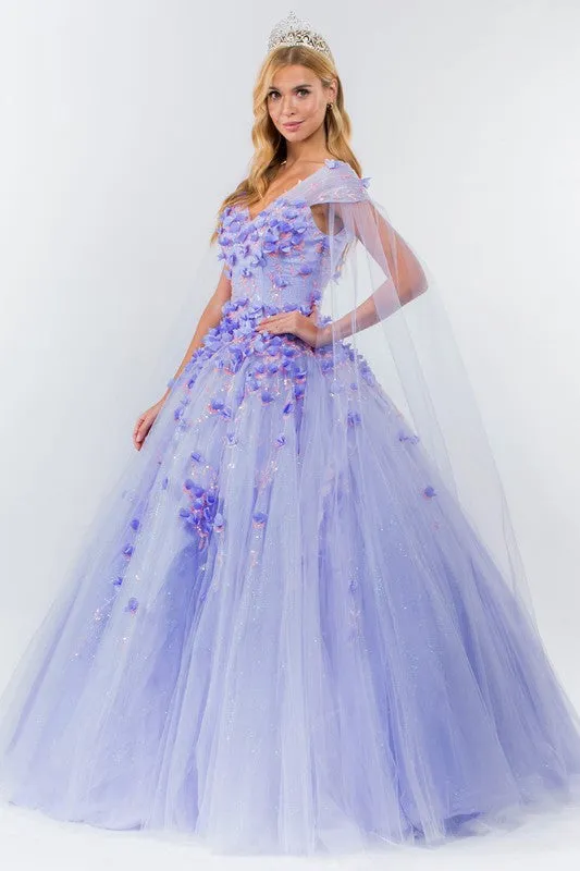 Lilac Floral Applique Glitter Quinceanera Ballgown