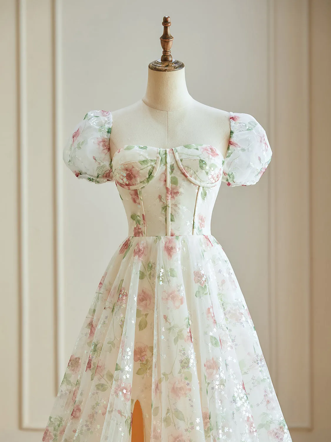 Luolandi A Line Cap Sleeve Sweetheart Lace Tulle Floor Length Floral Prom Dresses With Flowers
