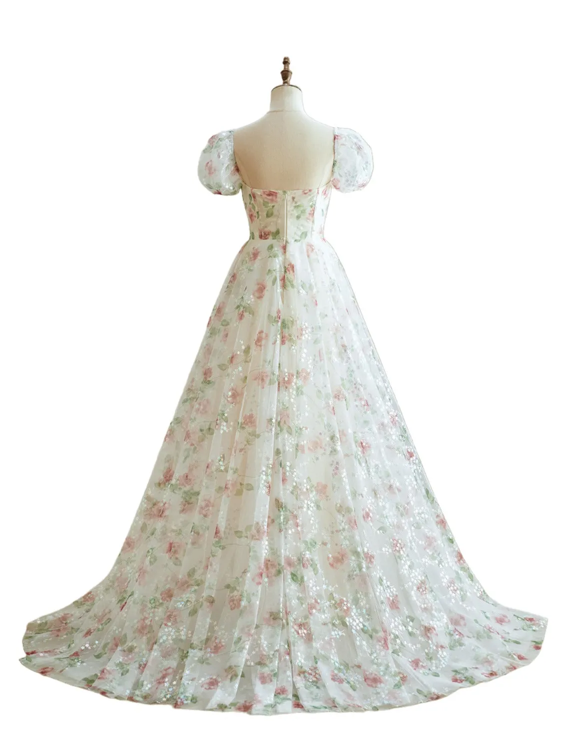 Luolandi A Line Cap Sleeve Sweetheart Lace Tulle Floor Length Floral Prom Dresses With Flowers