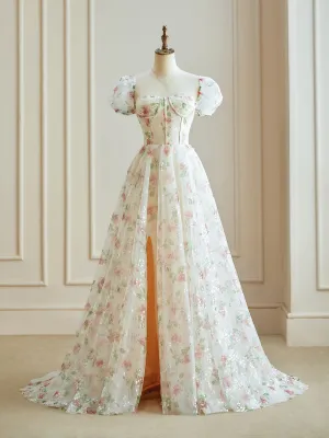 Luolandi A Line Cap Sleeve Sweetheart Lace Tulle Floor Length Floral Prom Dresses With Flowers