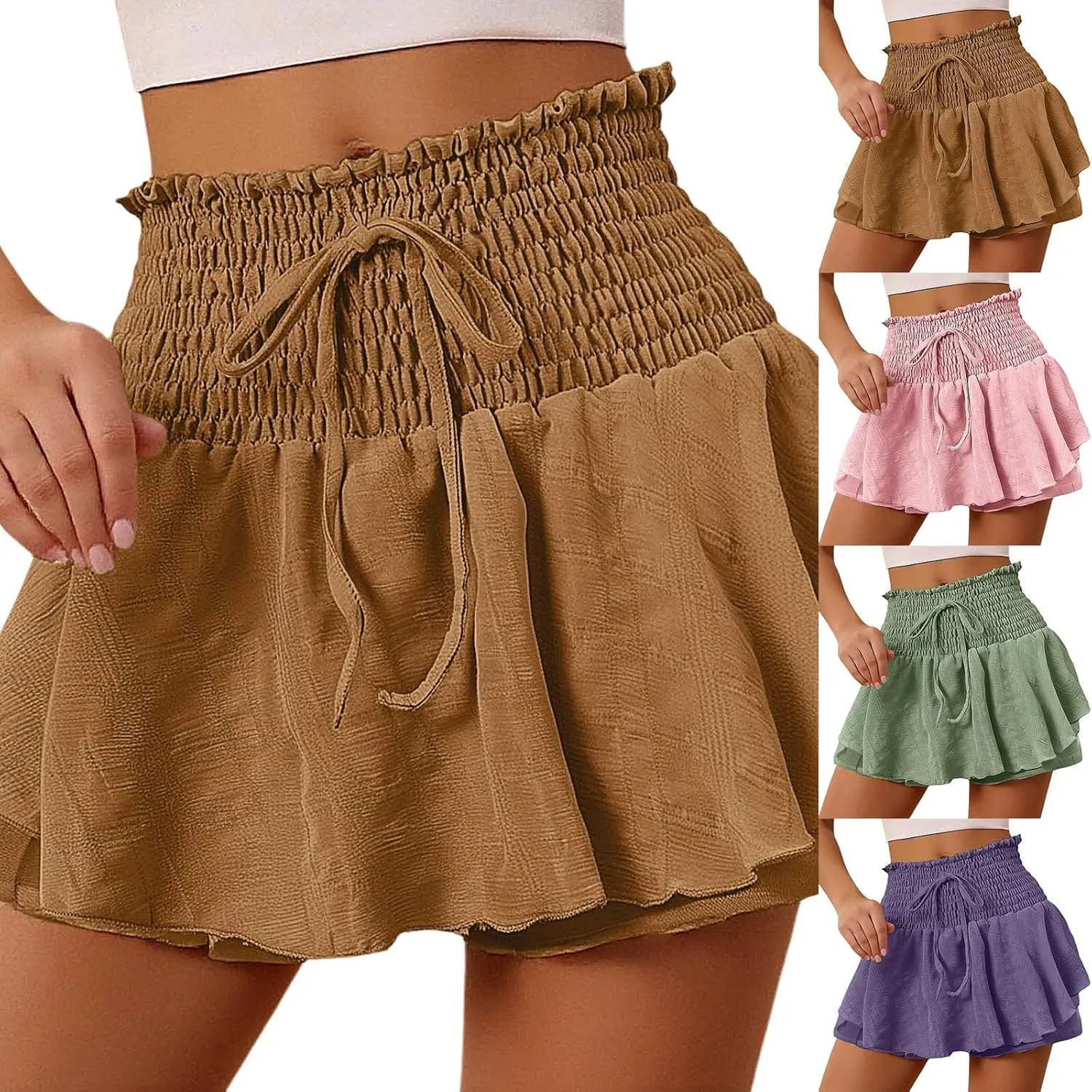 Mini Skirts for Women Summer Boho Cotton Linen Elastic Waist Tiered Ruffle Skorts Vingtage Beach Vacation Skirt