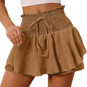 Mini Skirts for Women Summer Boho Cotton Linen Elastic Waist Tiered Ruffle Skorts Vingtage Beach Vacation Skirt